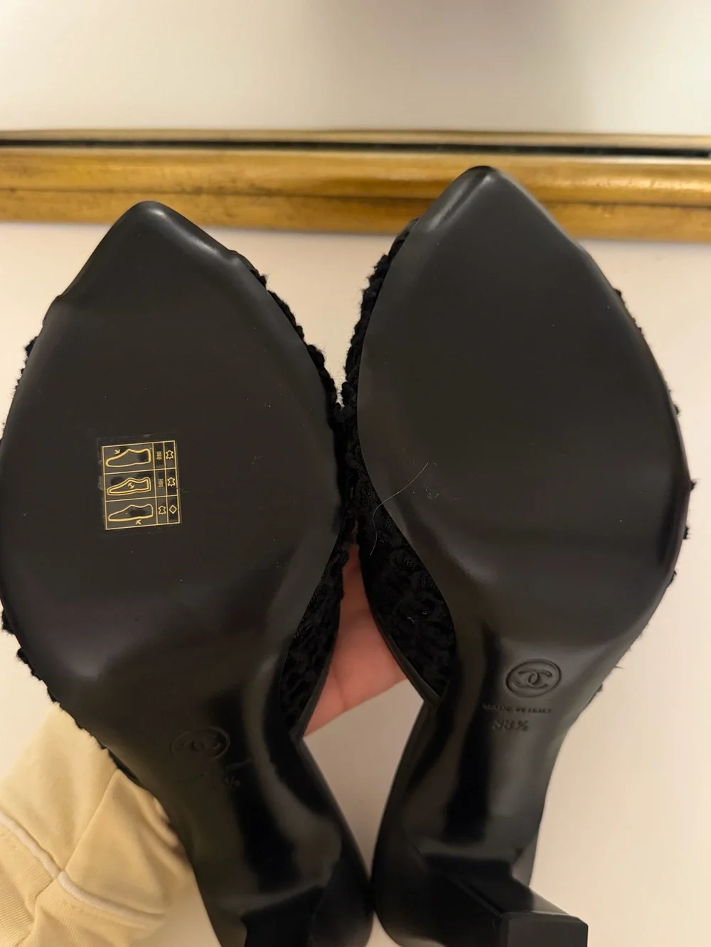 CHANEL Black Mesh Open-Toe Block Heel Mules with Burgundy Insole